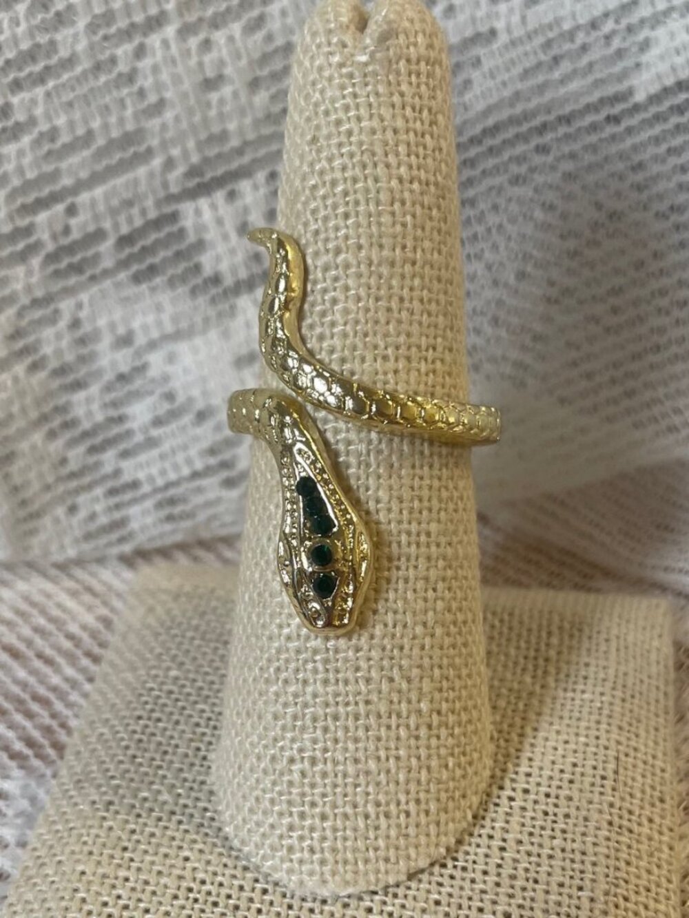 Gold Serpent Ring with Green Crystal Detail